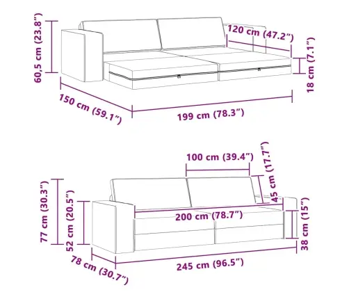 Grīdas Dīvāna Gulta 2-In-1 Melnā 245X150X60.5 Cm Audums Vidaxl