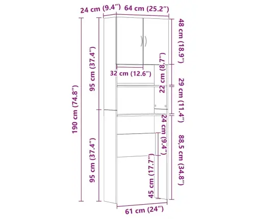 Veļasmašīnas Plaukts, Pelēks, 64X24X190 Cm, Inženierijas Koks Vidaxl