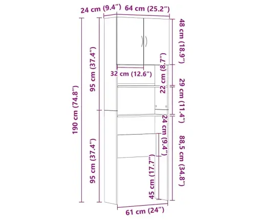 Veļasmašīnas Plaukts, Ozola, 64X24X190 Cm, Inženierijas Koks Vidaxl
