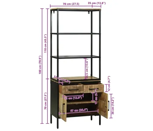 Augstais Plaukts 70X35X180 Cm Ciets Rupjš Mango Koks Vidaxl