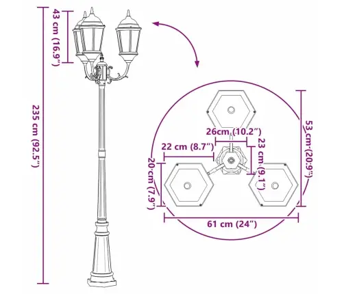 Dārza Gaismas Stabs Ar 3 Lampām E27 Bronza 235 Cm Alumīnijs Vidaxl