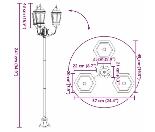Dārza Gaismas Stabs 3-Lampu E27 Bronza 220 Cm Alumīnijs Vidaxl