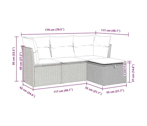 4-Osaline Aiamööbli Komplekt Patjadega, Hall, Polürotang