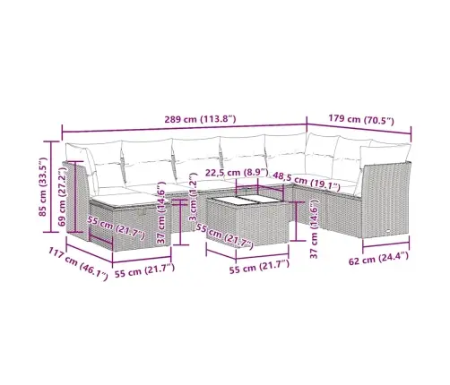 9-Daļīgs Dārza Dīvāna Komplekts,Matrači, Gaiši Pelēka Pe Pinums Vidaxl