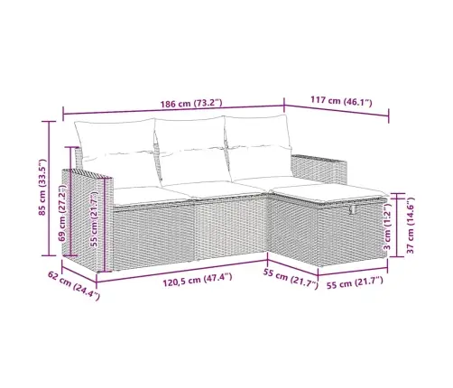 4-Osaline Aiamööblikomplekt Patjadega, Pruun, Polürotang