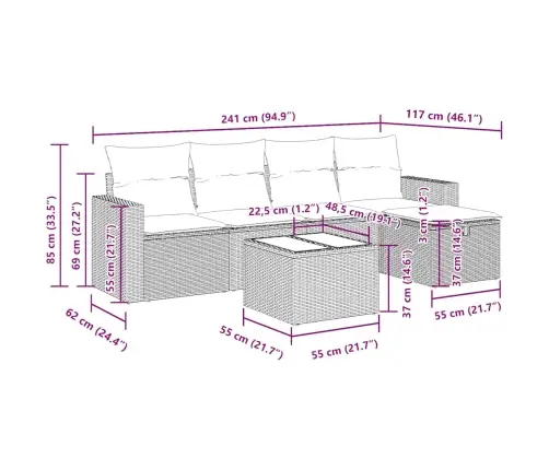 6-Osaline Aiamööblikomplekt Patjadega, Pruun, Polürotang