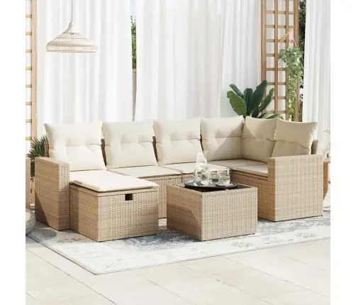 Sofos Komplektas Su Pagalvėlėmis, 7 Dalių, Smėlio, Poliratanas