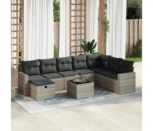 9-Daļīgs Dārza Dīvāna Komplekts Ar Matračiem, Pelēks Pe Pinums Vidaxl