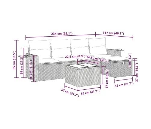 6-Osaline Aiamööblikomplekt Patjadega, Pruun, Polürotang
