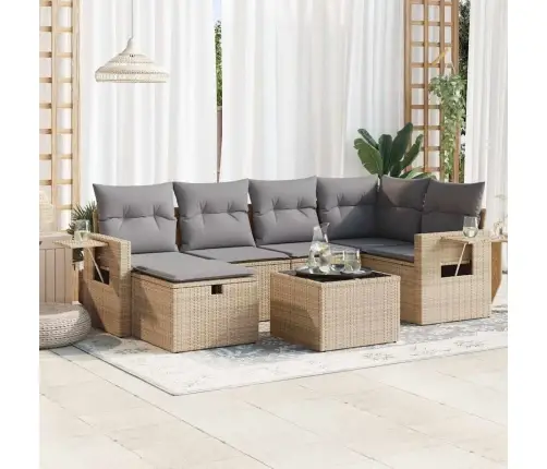 7-Daļīgs Dārza Dīvāna Komplekts, Matrači, Bēša Pe Rotangpalma Vidaxl