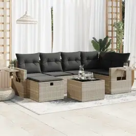 7-Daļīgs Dārza Dīvāna Komplekts,Matrači, Gaiši Pelēka Pe Pinums Vidaxl