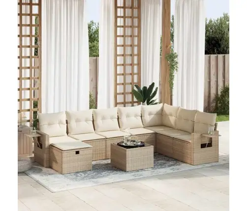 9-Daļīgs Dārza Dīvānu Komplekts, Matrači, Bēša Pe Rotangpalma Vidaxl