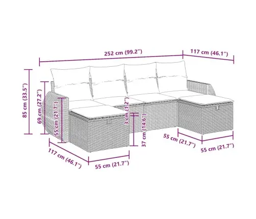 6-Osaline Aiamööblikomplekt Patjadega, Helehall, Polürotang