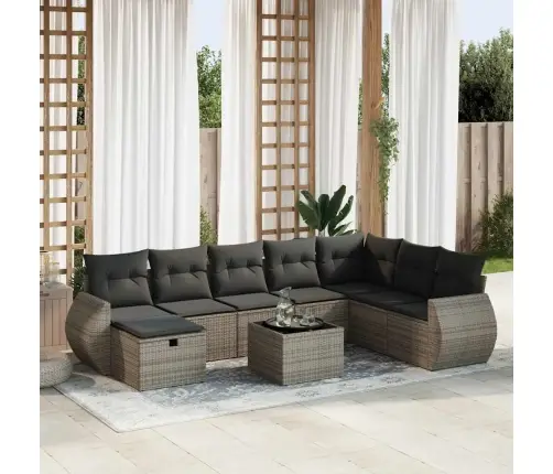 9-Daļīgs Dārza Dīvāna Komplekts Ar Matračiem, Pelēks Pe Pinums Vidaxl