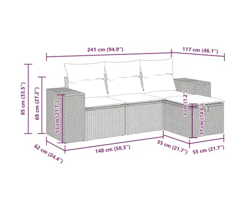 4-Daļīgs Dārza Dīvāna Komplekts Ar Matračiem, Pelēks Pe Pinums Vidaxl