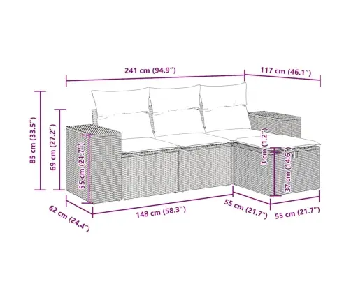 4-Osaline Aiamööblikomplekt Patjadega, Pruun, Polürotang