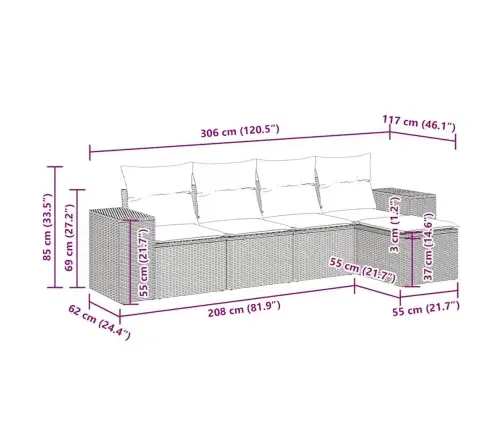 5-Daļīgs Dārza Dīvāna Komplekts Ar Matračiem, Pelēks Pe Pinums Vidaxl