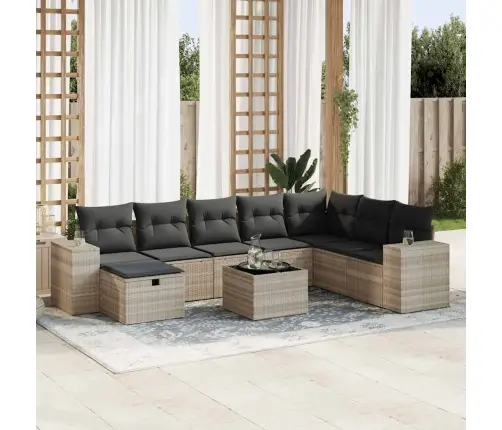 9-Daļīgs Dārza Dīvāna Komplekts,Matrači, Gaiši Pelēka Pe Pinums Vidaxl