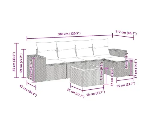 6-Daļīgs Dārza Dīvāna Komplekts, Matrači, Melna Pe Rotanpalma Vidaxl