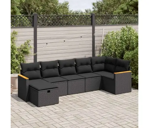 Sofos Komplektas Su Pagalvėlėmis, 7 Dalių, Juodas, Poliratanas