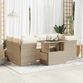 Sofos Komplektas Su Pagalvėlėmis, 7 Dalių, Smėlio, Poliratanas