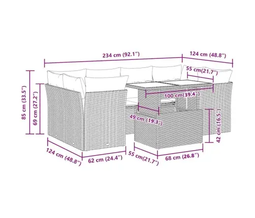 7-Osaline Aiamööblikomplekt Patjadega, Helehall, Polürotang