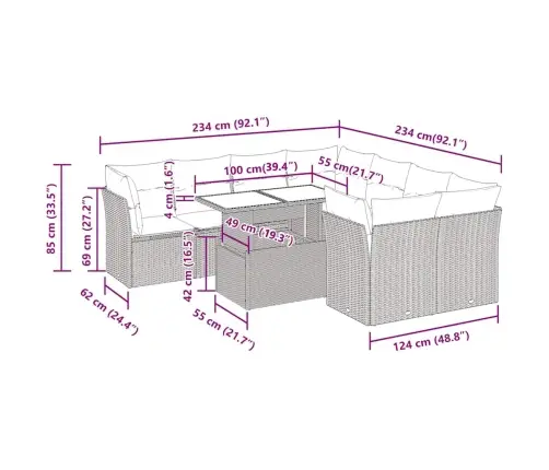 9-Daļīgs Dārza Dīvāna Komplekts Ar Matračiem, Pelēks Pe Pinums Vidaxl