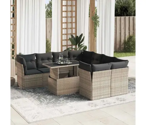 9-Daļīgs Dārza Dīvāna Komplekts Ar Matračiem, Pelēks Pe Pinums Vidaxl