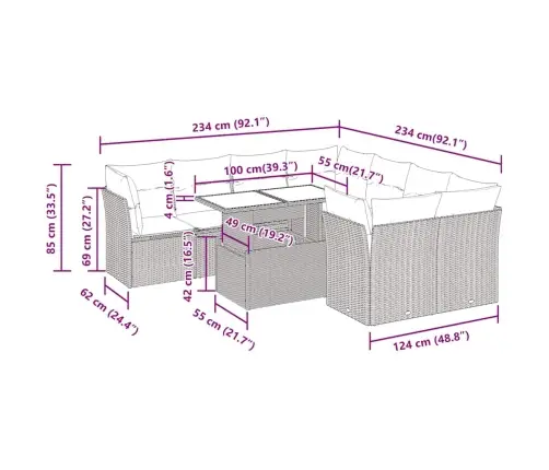 9-Daļīgs Dārza Dīvāna Komplekts Ar Matračiem, Pelēks Pe Pinums Vidaxl