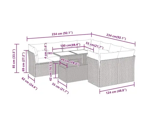 9-Daļīgs Dārza Dīvāna Komplekts,Matrači, Gaiši Pelēka Pe Pinums Vidaxl