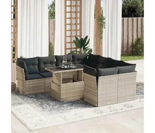 9-Daļīgs Dārza Dīvāna Komplekts,Matrači, Gaiši Pelēka Pe Pinums Vidaxl