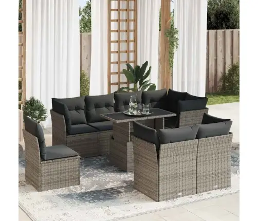 9-Daļīgs Dārza Dīvāna Komplekts Ar Matračiem, Pelēks Pe Pinums Vidaxl