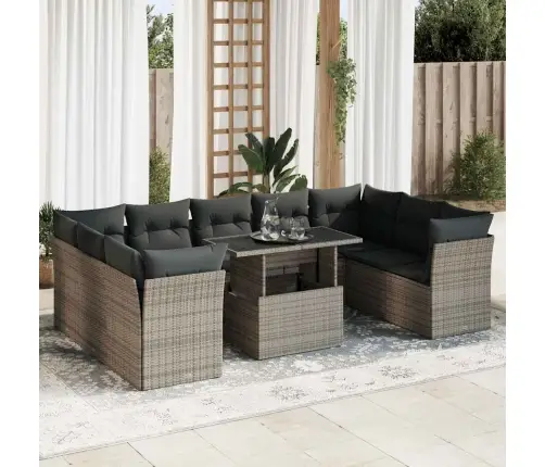 10-Daļīgs Dārza Dīvāna Komplekts Ar Matračiem, Pelēks Pe Pinums Vidaxl