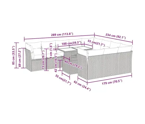 11-Daļīgs Dārza Dīvāna Komplekts Ar Matračiem, Pelēks Pe Pinums Vidaxl