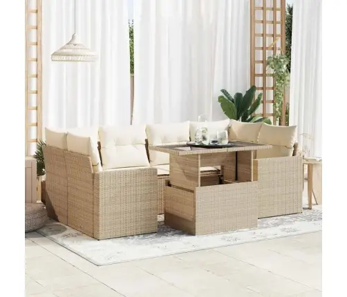 7-Daļīgs Dārza Dīvāna Komplekts, Matrači, Bēša Pe Rotangpalma Vidaxl