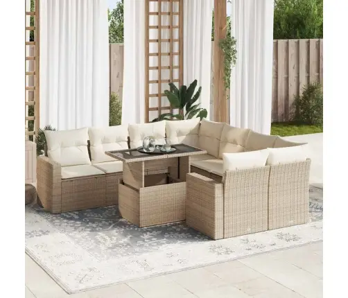 9-Daļīgs Dārza Dīvānu Komplekts, Matrači, Bēša Pe Rotangpalma Vidaxl