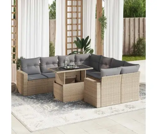 9-Daļīgs Dārza Dīvānu Komplekts, Matrači, Bēša Pe Rotangpalma Vidaxl