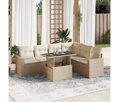 7-Daļīgs Dārza Dīvāna Komplekts, Matrači, Bēša Pe Rotangpalma Vidaxl