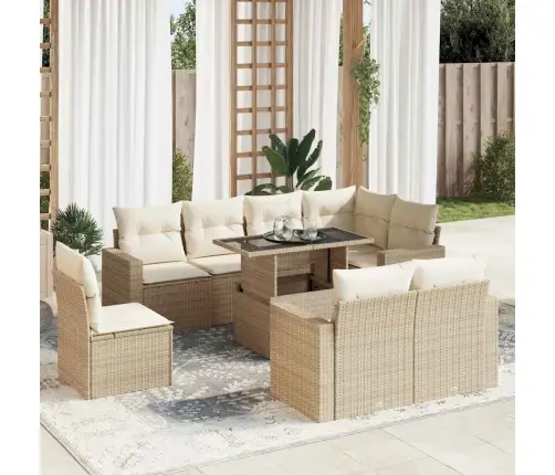 9-Daļīgs Dārza Dīvānu Komplekts, Matrači, Bēša Pe Rotangpalma Vidaxl