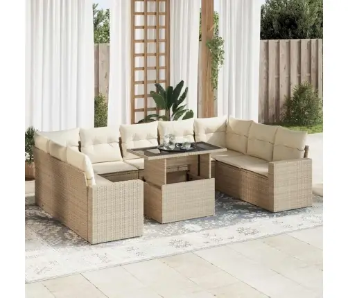 10-Daļīgs Dārza Dīvāna Komplekts, Matrači, Bēša Pe Rotangpalma Vidaxl