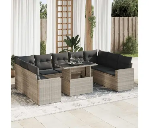 10-Daļīgs Dārza Dīvāna Komplekts Ar Matračiem, Pelēka Pe Pinums Vidaxl