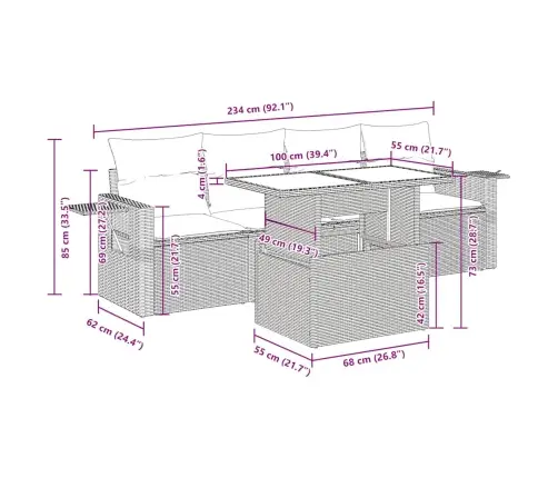 5-Osaline Aiamööblikomplekt Patjadega, Pruun, Polürotang