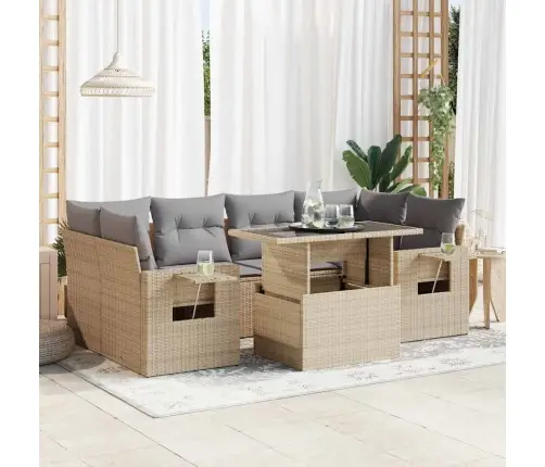 7-Daļīgs Dārza Dīvāna Komplekts, Matrači, Bēša Pe Rotangpalma Vidaxl