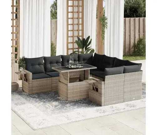 9-Daļīgs Dārza Dīvāna Komplekts,Matrači, Gaiši Pelēka Pe Pinums Vidaxl