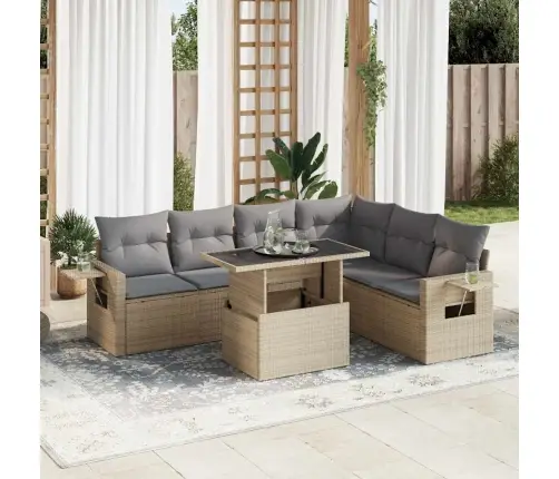 Sofos Komplektas Su Pagalvėlėmis, 7 Dalių, Smėlio, Poliratanas