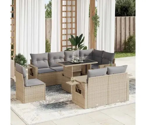 9-Daļīgs Dārza Dīvānu Komplekts, Matrači, Bēša Pe Rotangpalma Vidaxl