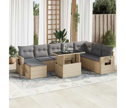 9-Daļīgs Dārza Dīvānu Komplekts, Matrači, Bēša Pe Rotangpalma Vidaxl