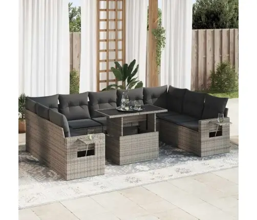 10-Daļīgs Dārza Dīvāna Komplekts Ar Matračiem, Pelēks Pe Pinums Vidaxl