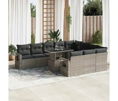 11-Daļīgs Dārza Dīvāna Komplekts Ar Matračiem, Pelēks Pe Pinums Vidaxl