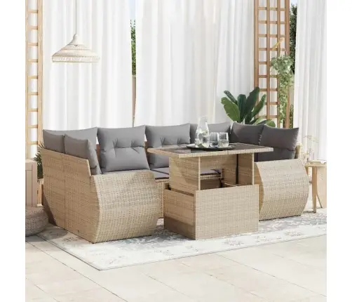 7-Daļīgs Dārza Dīvāna Komplekts, Matrači, Bēša Pe Rotangpalma Vidaxl